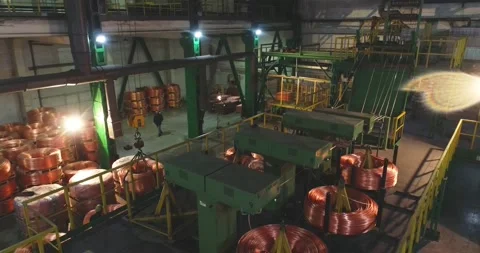 Wire rod continuous casting line during operation, inside the copper wire rod Stock Footage 162230944