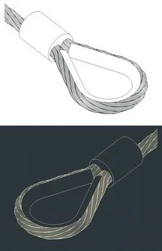 Wire Rope with pressed connector and thimble isometric drawings Stock Illustration