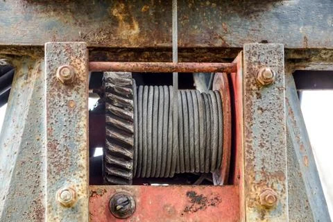 Wire rope sling or cable sling on crane reel drum or winch roll of crane the Stock Photos