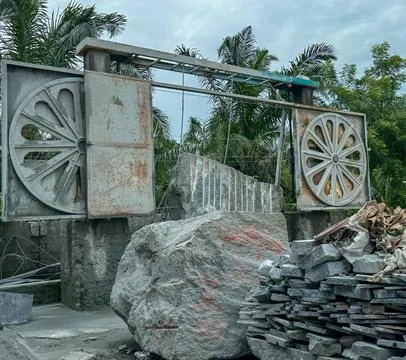 Wire saw machine for granite block dressing. Stock Photos