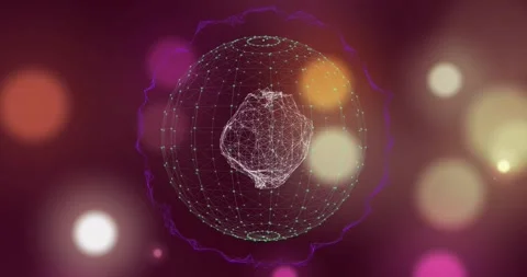 Wire sphere forming grid turning inner mass pulsing purple ring circling showing Video stock 329575493