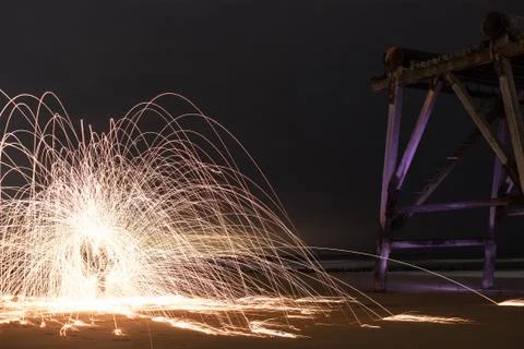 Wire Wool Spinning at Night Stock Photos
