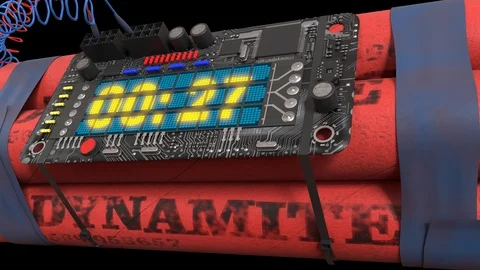 WireBomb4 Dynamite with Clock Timer Alpha Matte Explosion 3D Rendering Anima Stock Footage 122030744