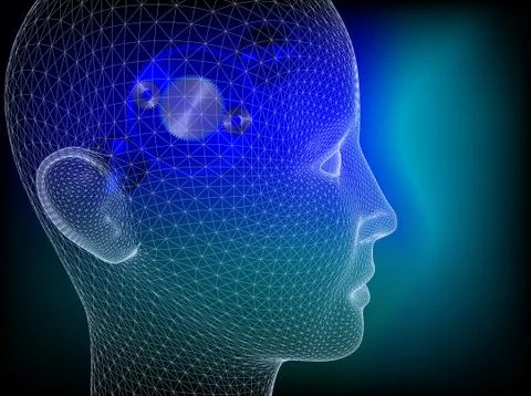 Wired human head with wheels inside to illustrate the thinking process Stock Illustration