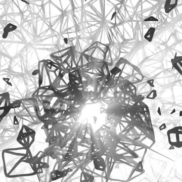 Wired modern metal structure flying in foggy space background. 3d illustration Stock Illustration