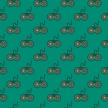 Wired Videogame Controller vector Gaming Device colored green seamless patter Stockillustratie