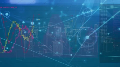 Wireframe 3D city model anchoring, data feed starting magenta yellow graphs Stock Footage 333689693