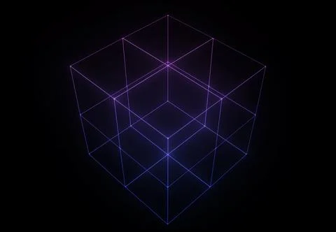 Wireframe 3D cube in retrowave style colors and a thin delicate mesh Stock Illustration