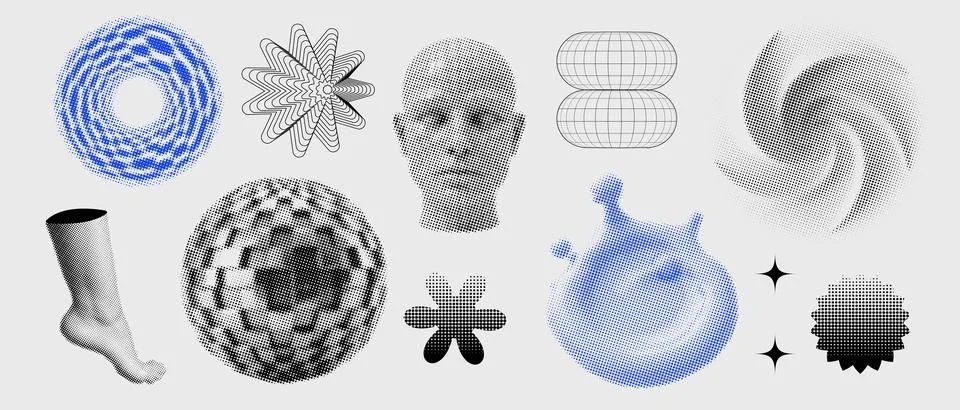 Wireframe 3D geometric shapes set , fi holograms, futuristic mechanisms, engine Stock Illustration