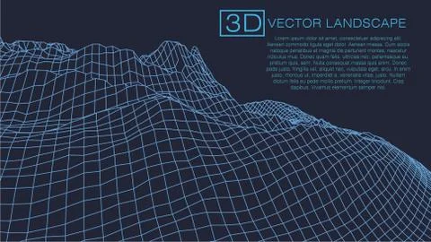 Wireframe 3D landscape mountains. Wireframe landscape wire. 3d landscape. Dig Stock Illustration