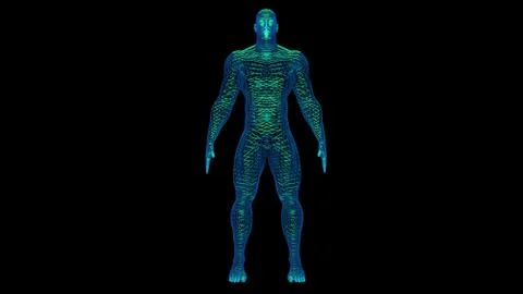 Wireframe 3d man with glowing green filaments inside body Stock Illustration
