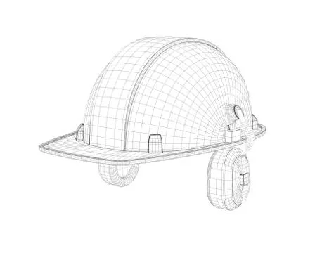 Wireframe of 3d model safety helmet with earphones isolated on the white Stock Illustration