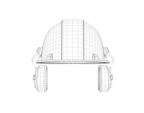 Wireframe of 3d model safety helmet with earphones isolated on the white Ilustración de archivo