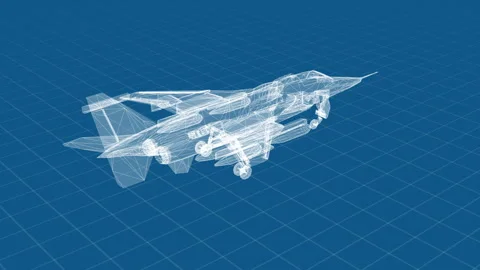 Wireframe 3D Model of Tactical Aircraft on a Blue Grid Background 库存影片 334583376