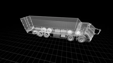 Wireframe 3D Model of Truck on Black Grid Background with Transparent Design Illustrazione stock