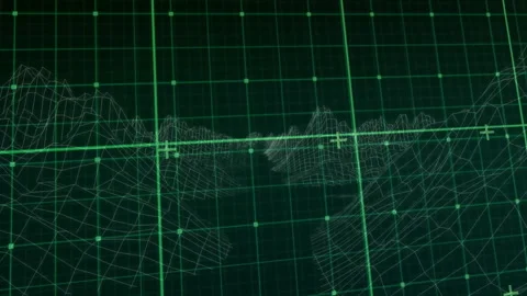 Wireframe 3D mountain terrain displaying glowing green grid simulation, with Stock Footage 308025256