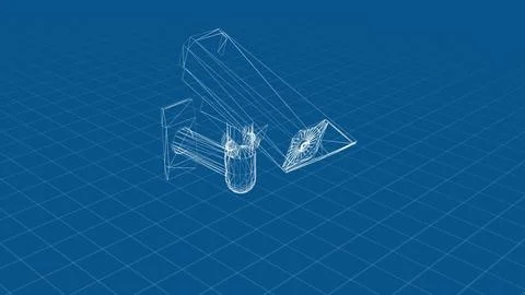 Wireframe 3D Security Camera Model on Blue Grid Background Showcase Design Stock Illustration