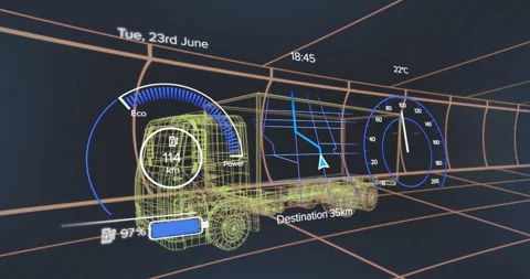 Wireframe 3D truck model being displayed in futuristic dashboard, showing gauges Video stock 309145199