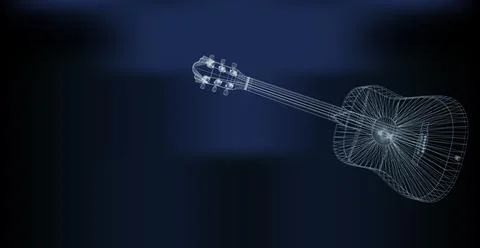 Wireframe acoustic guitar rendered digitally against a deep blue background w Stock Illustration