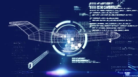 Wireframe airplane and digital code, futuristic technology animation Stockbeeldmateriaal 306273728