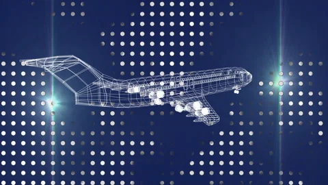 Wireframe airplane animation over blue background featuring white dotted pattern Video stock 303476035