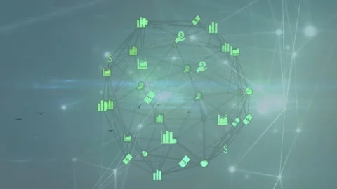 Wireframe and bright nodes appearing, mesh sphere adding green icons, rotating, Stock Footage 333733181