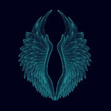 Wireframe of angel wings with glowing lights from blue lines isolated on a da Stock Illustration