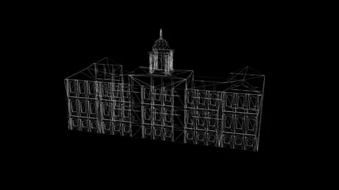 Wireframe Architectural Structure with Central Dome on Dark Background Stock Footage 341778590