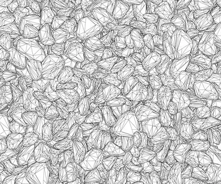 Wireframe background with many stones from black lines isolated on white Ilustração Stock