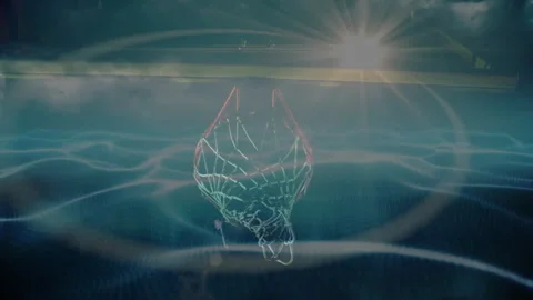Wireframe basketball hoop net being rendered glowing 3D over blue waves with Stock Footage 310218740