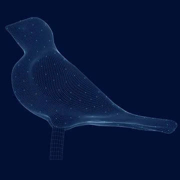 Wireframe of a bird made of blue lines on a dark background with glowing ligh Stock Illustration