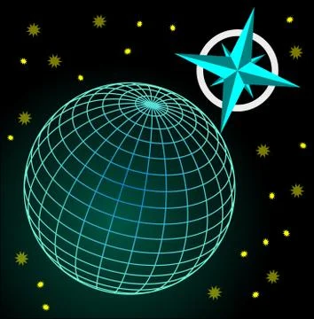 Wireframe blue and green globe on dark sky with stars, cardinal directions Stock Illustration