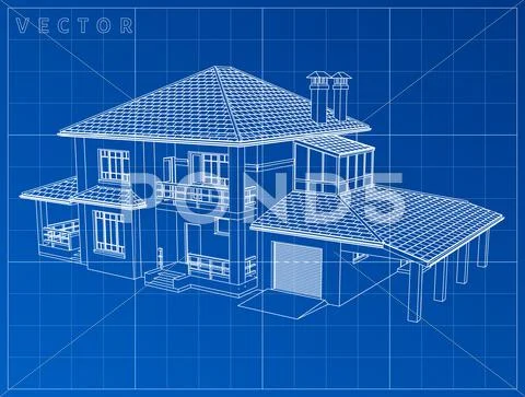 Wireframe Blueprint Drawing Of 3d House - Vector Illustration: Royalty 