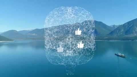 Wireframe brain appearing over lake, causing web lighting and likes lining up, 스톡 동영상 323147520