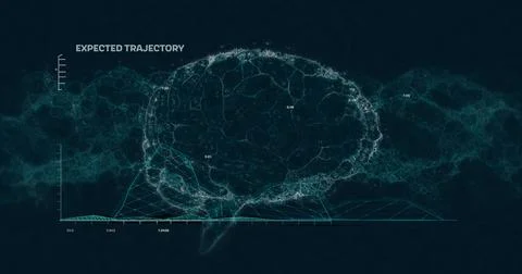 Wireframe brain displaying mesh network, axis markers, 3D plot under EXPECTED Stock Illustration