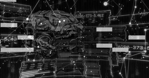 Wireframe brain emerging center grid flickering bars sliding and codes updating Stock Footage 311126193