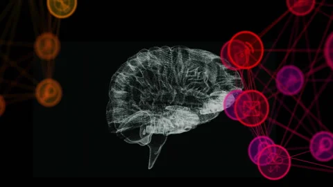 Wireframe brain model floating centrally, showing orange and red nodes and thin Stock Footage 309287333
