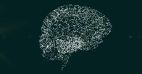 Wireframe brain model glowing in digital environment, with network nodes and Stock Illustration