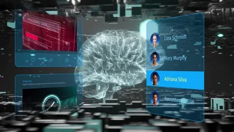 Wireframe brain pulsing and rotating as highlight moving, changing cards to show Stock Footage 334337519