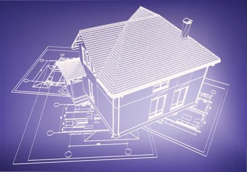 Wireframe building over blueprint Stock Illustration