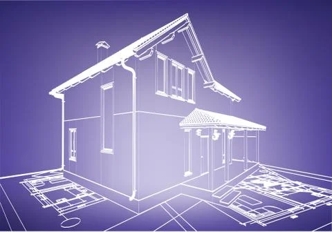 Wireframe building over blueprint Stock Illustration