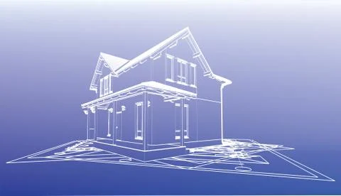 Wireframe building over blueprint Stock Illustration