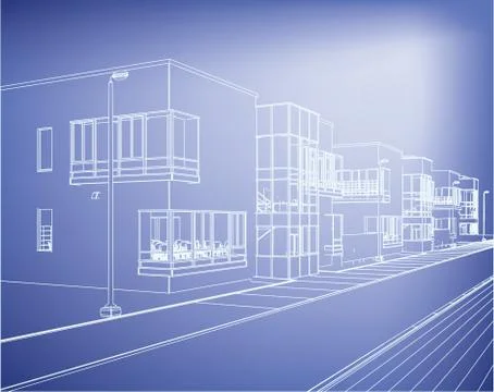 Wireframe building over blueprint Ilustración de archivo