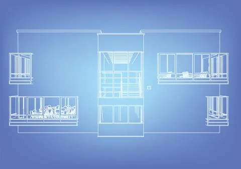 Wireframe building over blueprint Ilustración de archivo