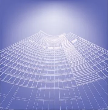 Wireframe building over blueprint Ilustración de archivo