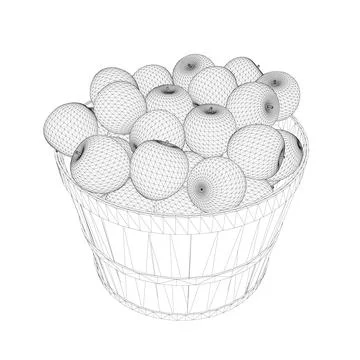Wireframe of a bunch of apples in a bucket made of black lines isolated on a Stock Illustration