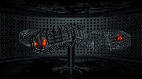 Wireframe cage rings spinning around glowing red cores Stock Footage 346779021