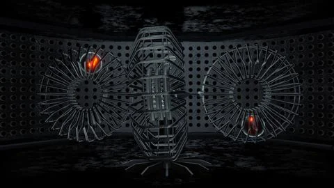 Wireframe cage wheels with red cores in a metal room, 4K illustration Stock Illustration