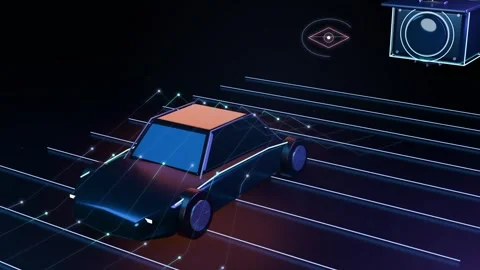 Wireframe camera monitors a car with flowing telemetry Stock Footage 346168519