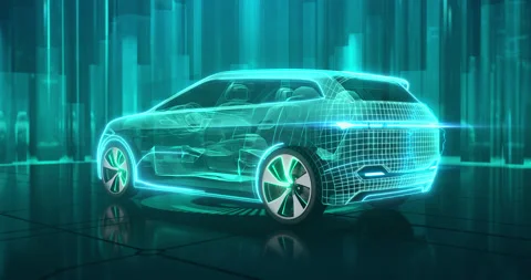 Wireframe car concept on the glossy surface and with futuristic cityscape. Video stock 210029402